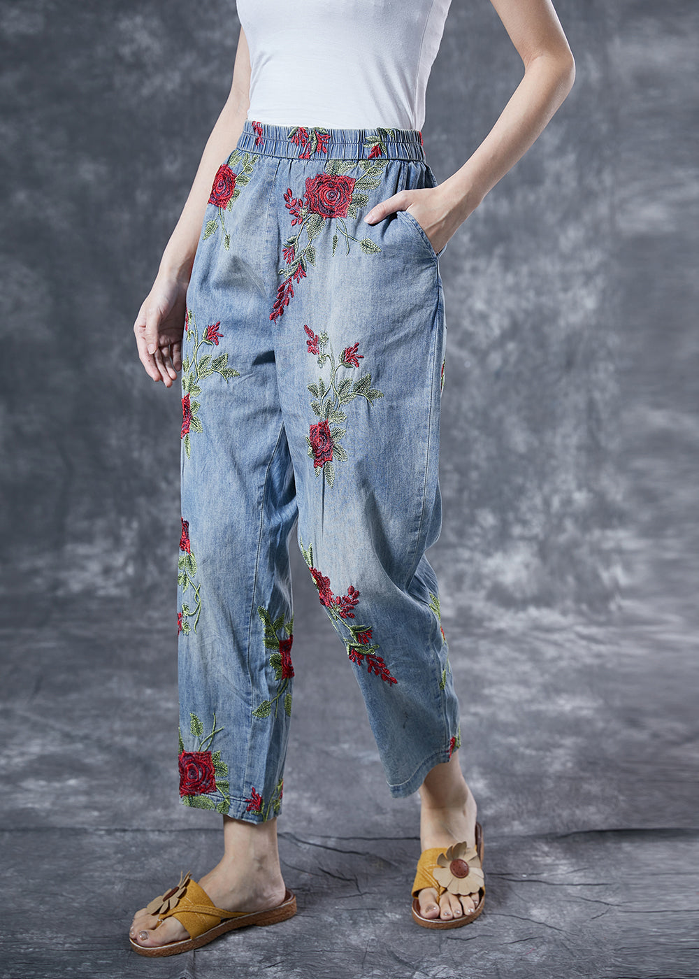 Bohemian Light Blue Rose Embroideried Pockets Cotton Harem Pants Summer LY4029 - fabuloryshop