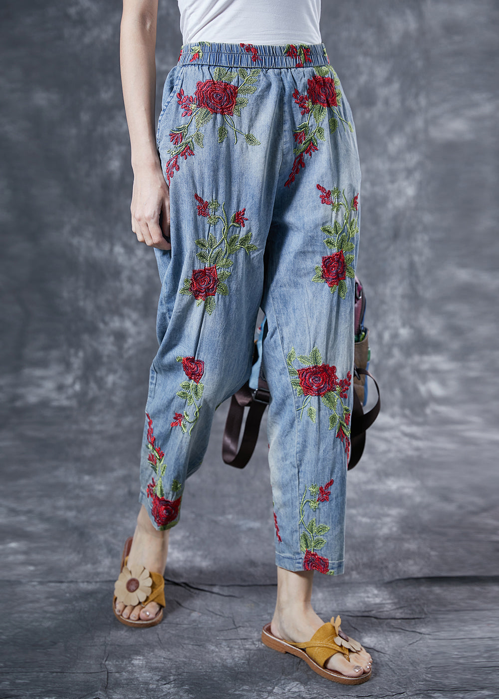 Bohemian Light Blue Rose Embroideried Pockets Cotton Harem Pants Summer LY4029 - fabuloryshop