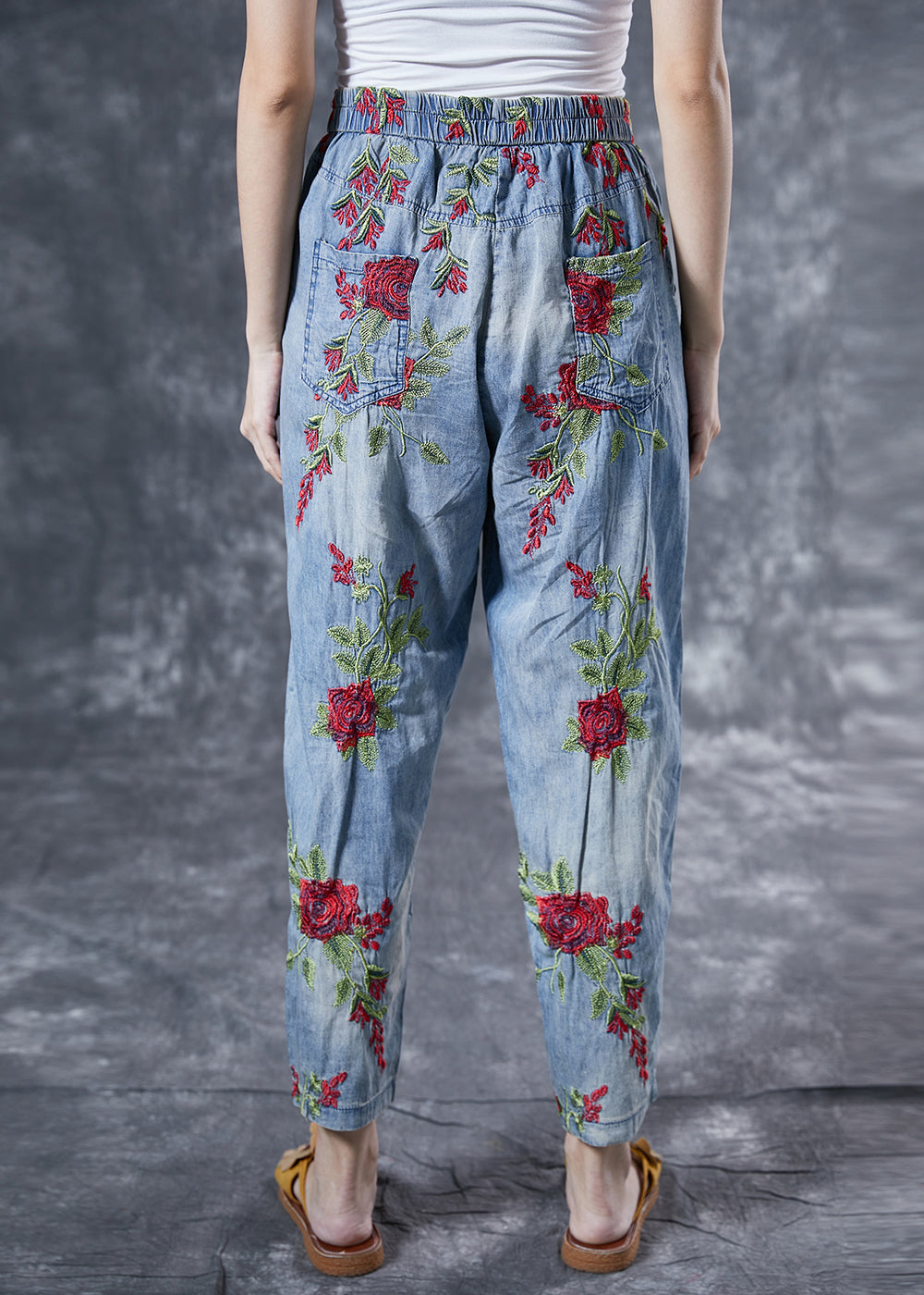 Bohemian Light Blue Rose Embroideried Pockets Cotton Harem Pants Summer LY4029 - fabuloryshop