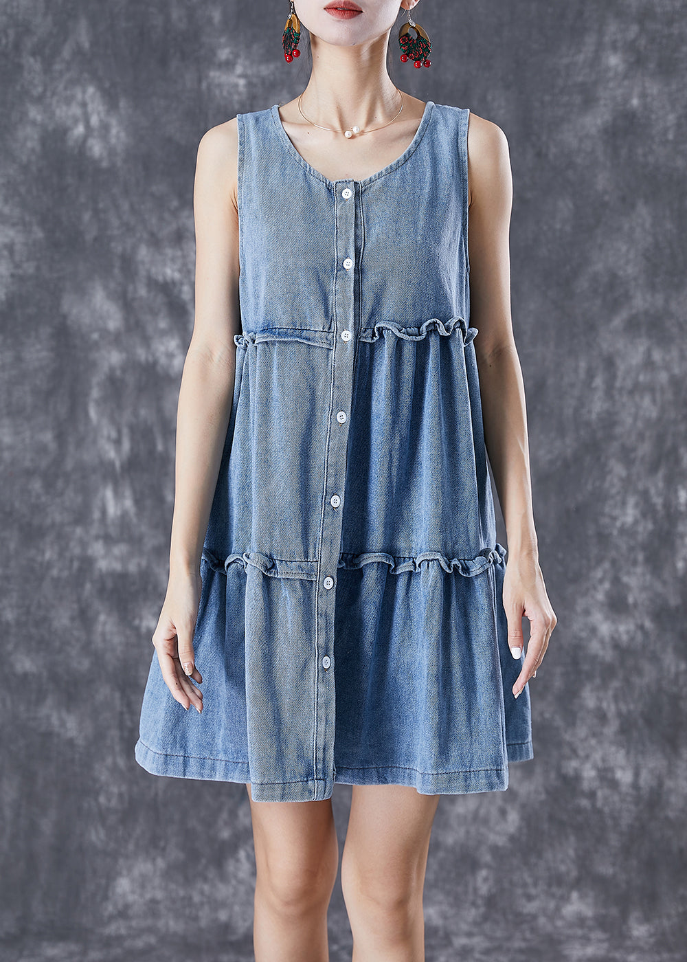 Bohemian Light Blue Ruffled Patchwork Denim Mini Dresses Sleeveless TD1029 - fabuloryshop