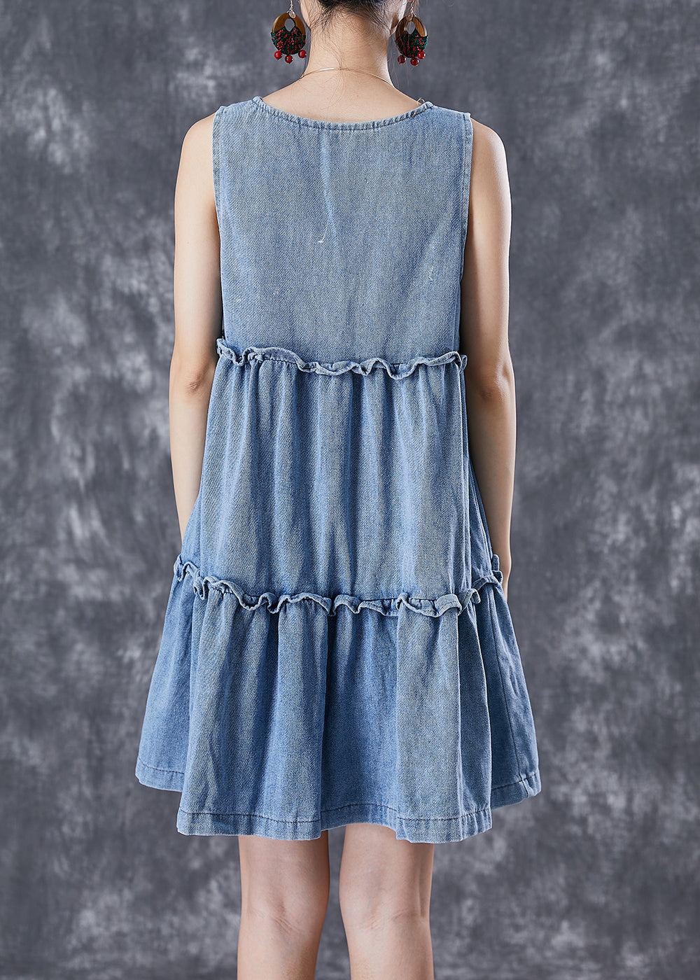 Bohemian Light Blue Ruffled Patchwork Denim Mini Dresses Sleeveless TD1029 - fabuloryshop