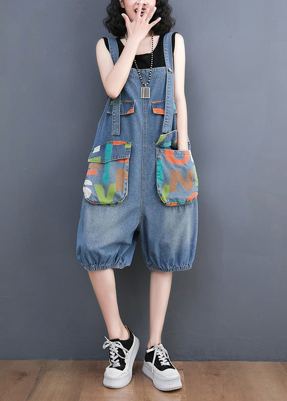 Bohemian Light Blue Slash Neck Print Button Denim Jumpsuit Summer LY1272 - fabuloryshop