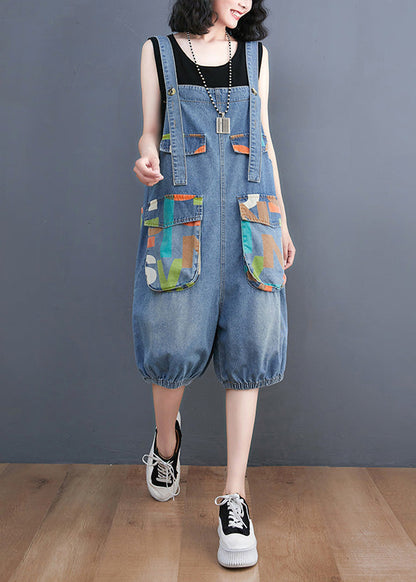 Bohemian Light Blue Slash Neck Print Button Denim Jumpsuit Summer LY1272 - fabuloryshop