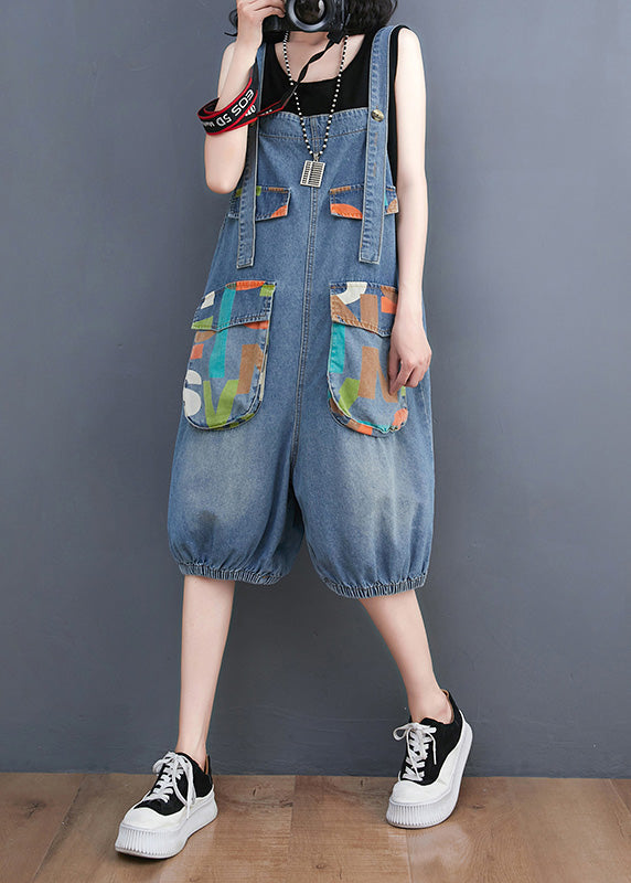 Bohemian Light Blue Slash Neck Print Button Denim Jumpsuit Summer LY1272 - fabuloryshop