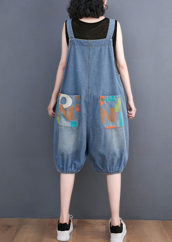 Bohemian Light Blue Slash Neck Print Button Denim Jumpsuit Summer LY1272 - fabuloryshop