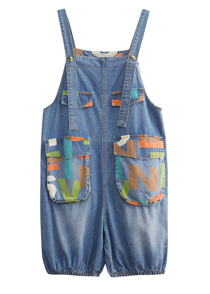 Bohemian Light Blue Slash Neck Print Button Denim Jumpsuit Summer LY1272 - fabuloryshop