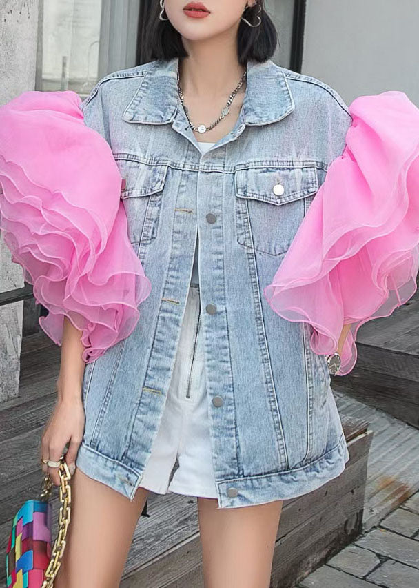 Bohemian Light Blue Tulle Ruffled Patchwork Denim Top Summer LY3990 - fabuloryshop