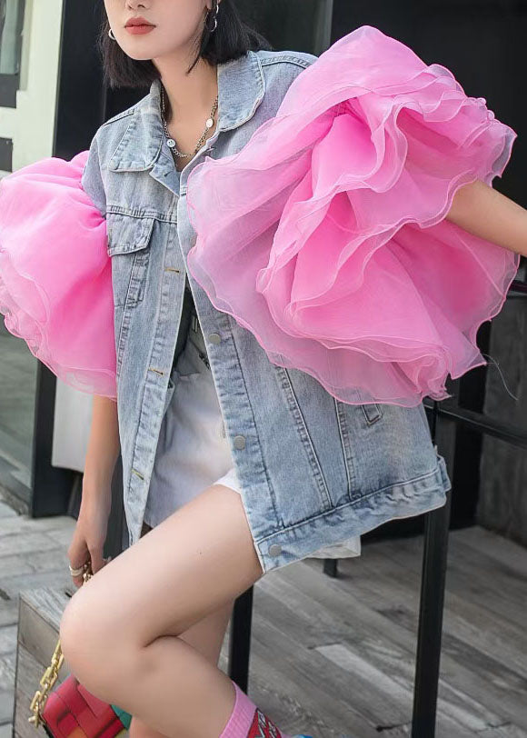 Bohemian Light Blue Tulle Ruffled Patchwork Denim Top Summer LY3990 - fabuloryshop