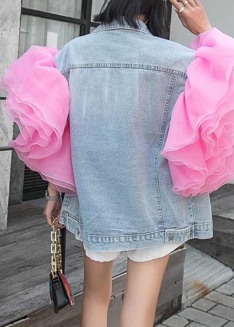 Bohemian Light Blue Tulle Ruffled Patchwork Denim Top Summer LY3990 - fabuloryshop