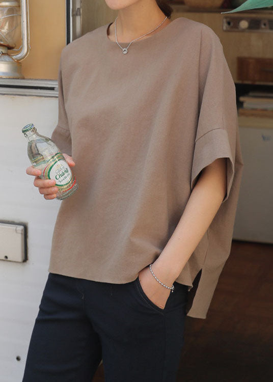 Bohemian Light Camel O Neck Patchwork Cotton T Shirt Half Sleeve LY1346 - fabuloryshop