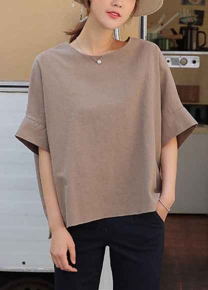 Bohemian Light Camel O Neck Patchwork Cotton T Shirt Half Sleeve LY1346 - fabuloryshop