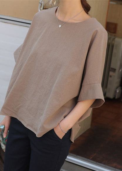 Bohemian Light Camel O Neck Patchwork Cotton T Shirt Half Sleeve LY1346 - fabuloryshop