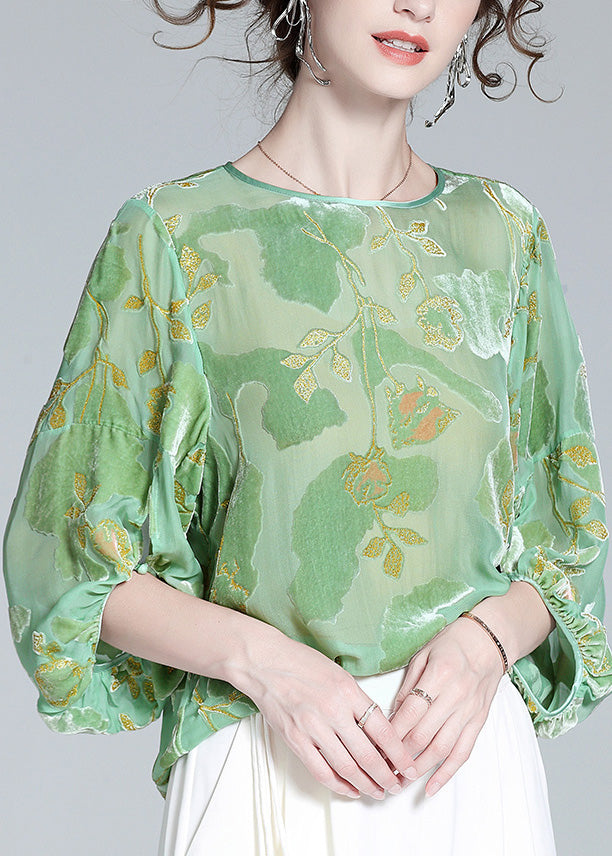 Bohemian Light Green O-Neck Print Velour Tops Long Sleeve LY0143 - fabuloryshop