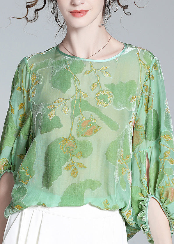 Bohemian Light Green O-Neck Print Velour Tops Long Sleeve LY0143 - fabuloryshop