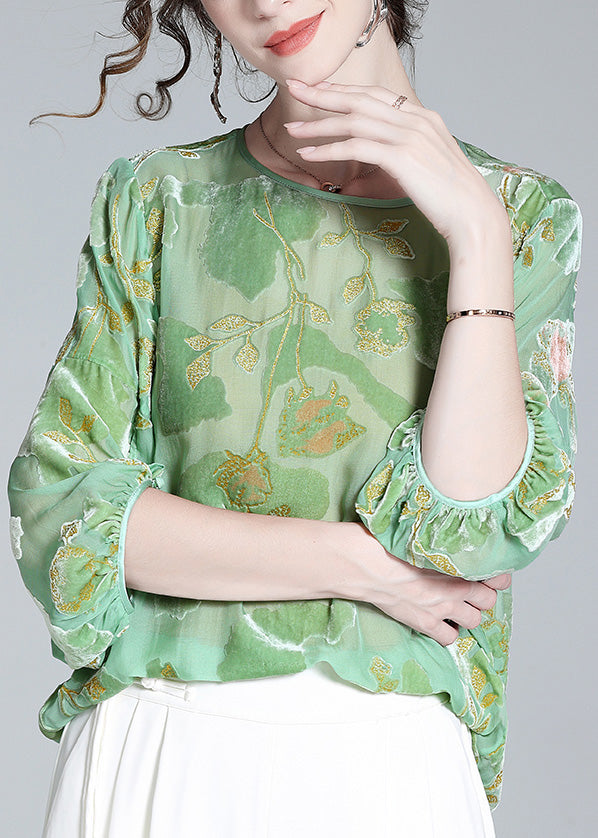 Bohemian Light Green O-Neck Print Velour Tops Long Sleeve LY0143 - fabuloryshop