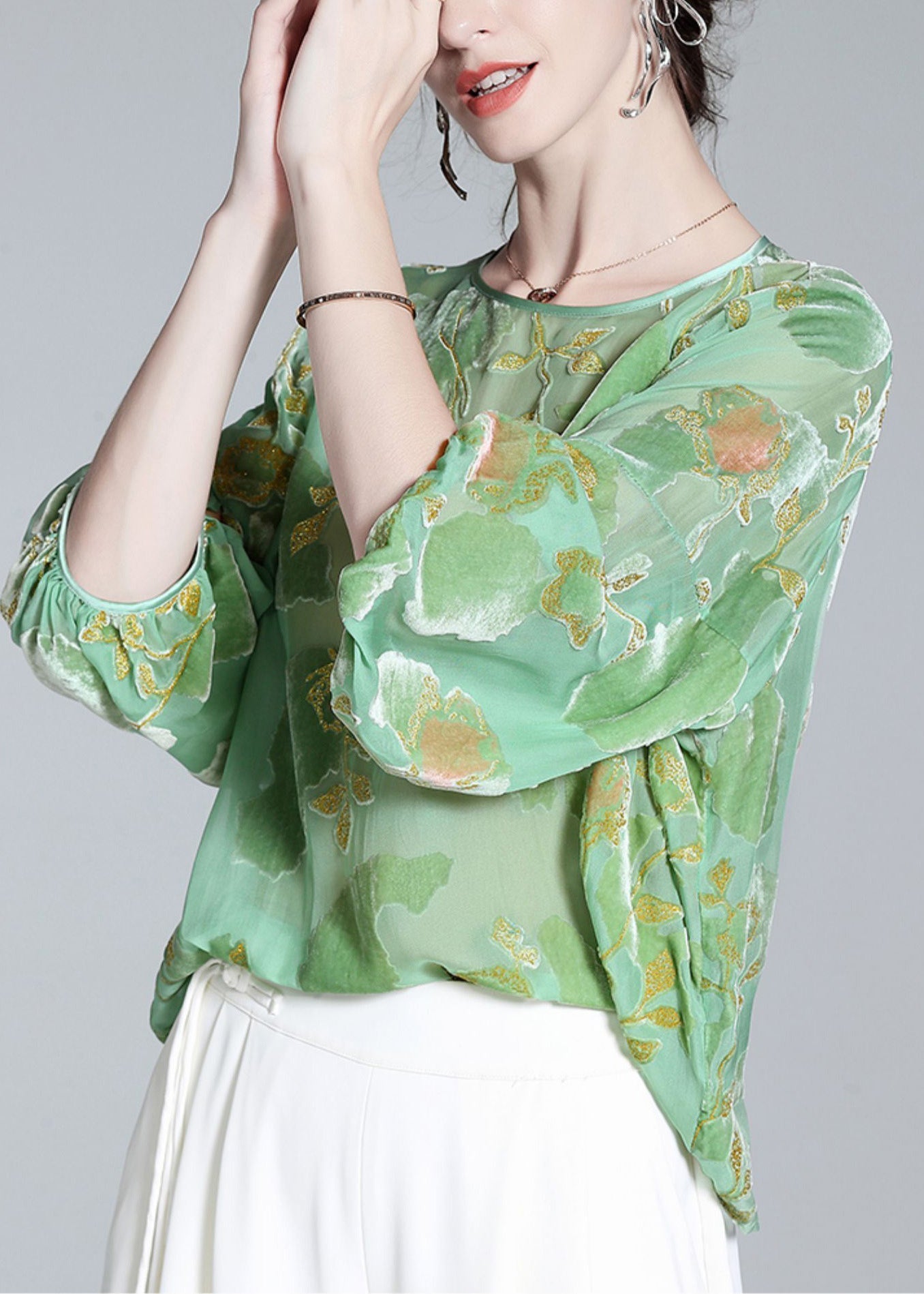 Bohemian Light Green O-Neck Print Velour Tops Long Sleeve LY0143 - fabuloryshop