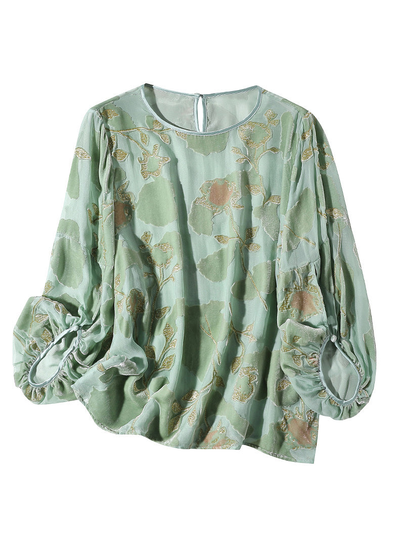 Bohemian Light Green O-Neck Print Velour Tops Long Sleeve LY0143 - fabuloryshop