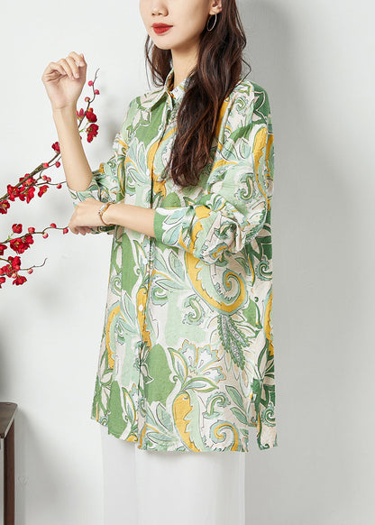 Bohemian Light Green Peter Pan Collar Print Cotton Long Shirt Spring LY1132 - fabuloryshop