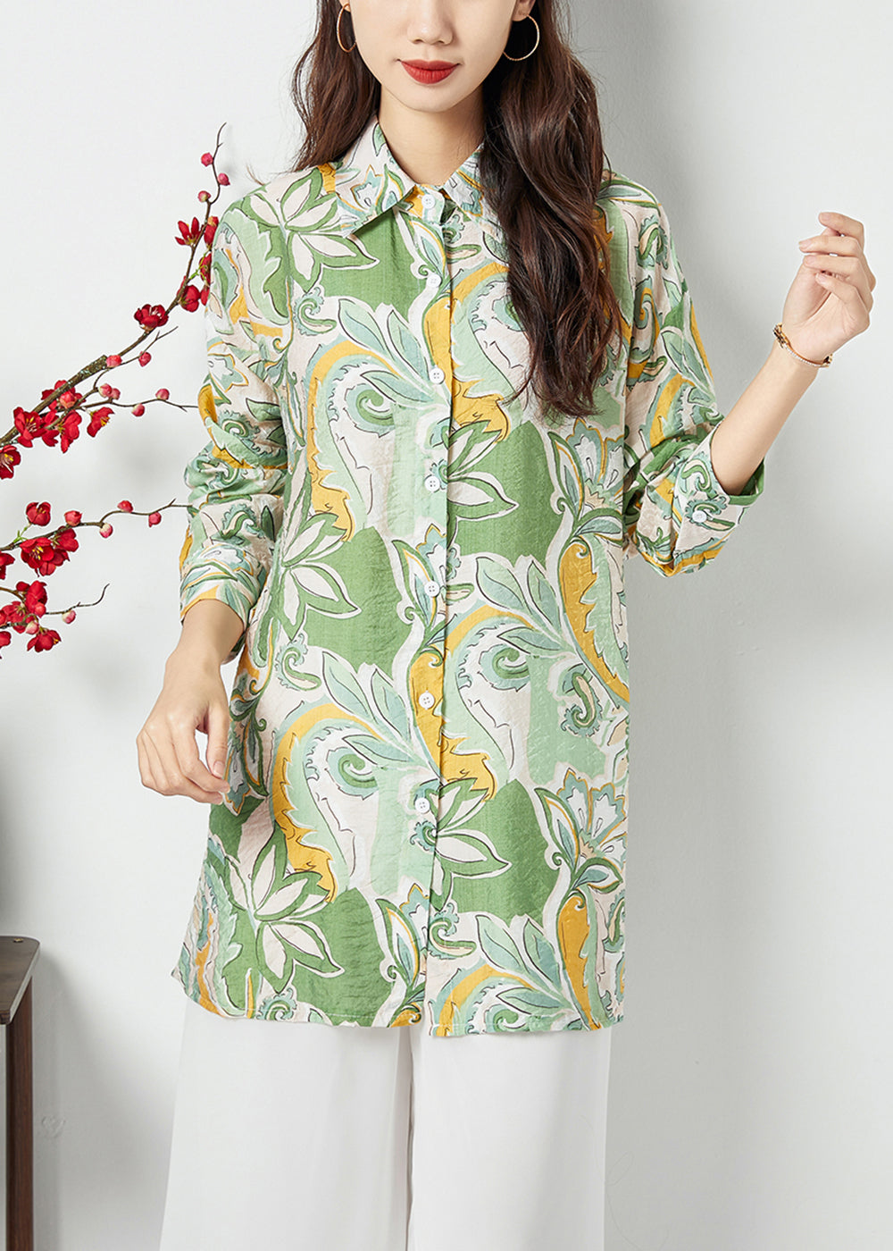 Bohemian Light Green Peter Pan Collar Print Cotton Long Shirt Spring LC0402 - fabuloryshop