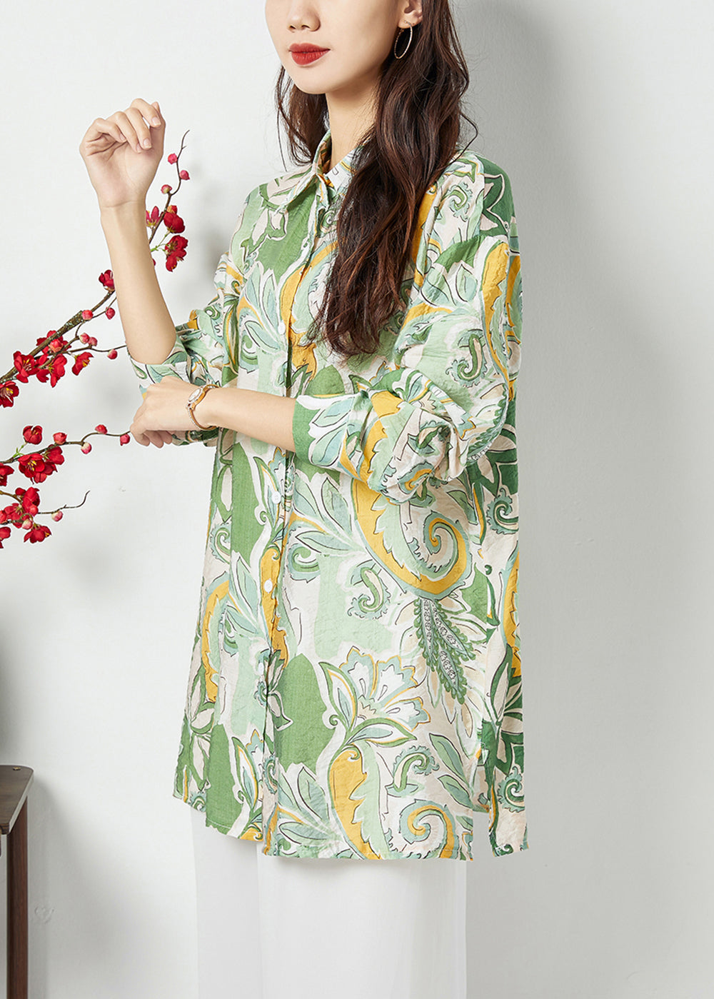 Bohemian Light Green Peter Pan Collar Print Cotton Long Shirt Spring LY1132 - fabuloryshop