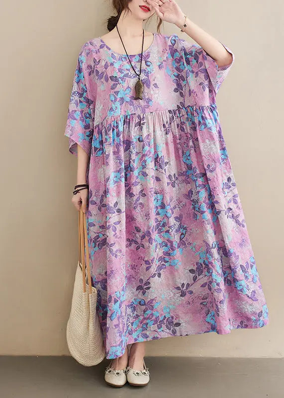 Bohemian Light Purple Oversized Print Cotton Holiday Dress Summer Ada Fashion