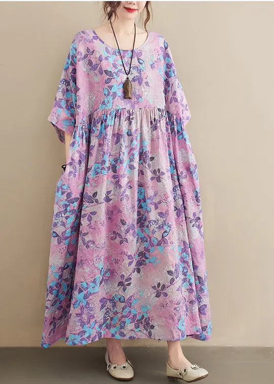 Bohemian Light Purple Oversized Print Cotton Holiday Dress Summer Ada Fashion