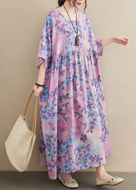 Bohemian Light Purple Oversized Print Cotton Holiday Dress Summer Ada Fashion