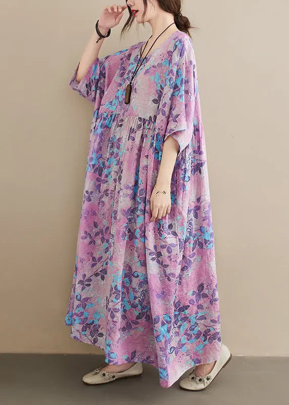 Bohemian Light Purple Oversized Print Cotton Holiday Dress Summer Ada Fashion