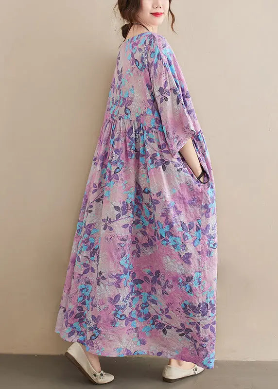 Bohemian Light Purple Oversized Print Cotton Holiday Dress Summer Ada Fashion