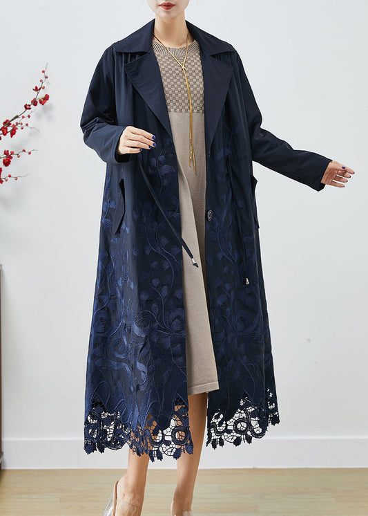 Bohemian Navy Embroideried Tie Waist Spandex Trench Coats Fall Ada Fashion