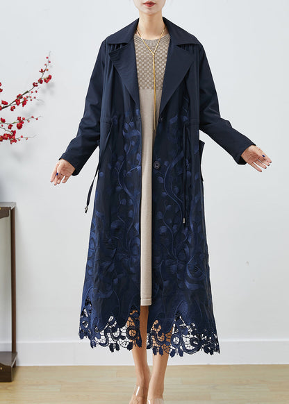 Bohemian Navy Embroideried Tie Waist Spandex Trench Coats Fall Ada Fashion