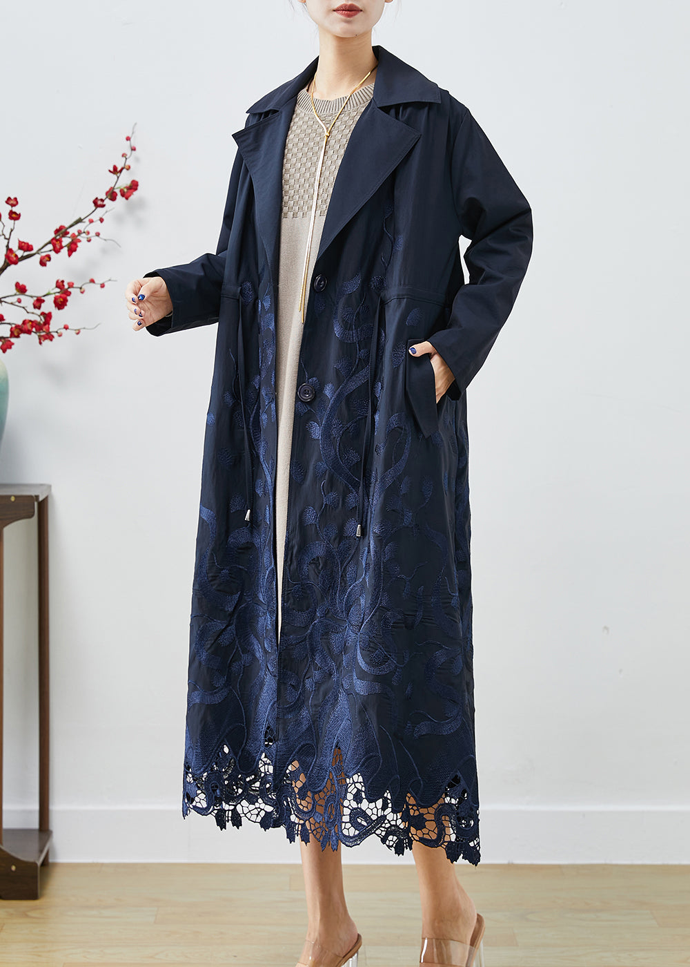 Bohemian Navy Embroideried Tie Waist Spandex Trench Coats Fall Ada Fashion