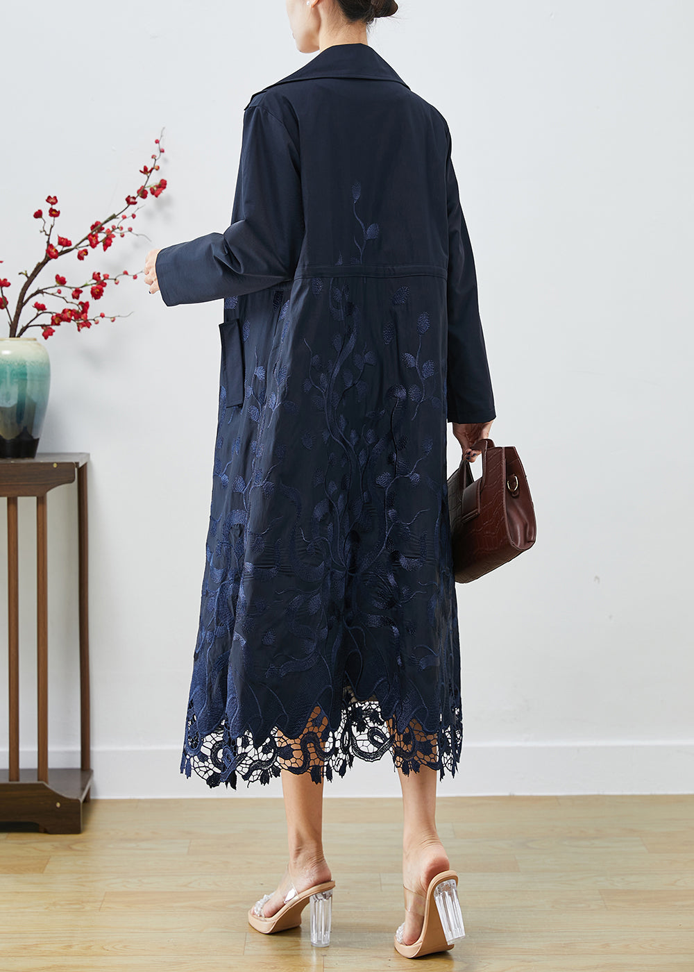 Bohemian Navy Embroideried Tie Waist Spandex Trench Coats Fall Ada Fashion