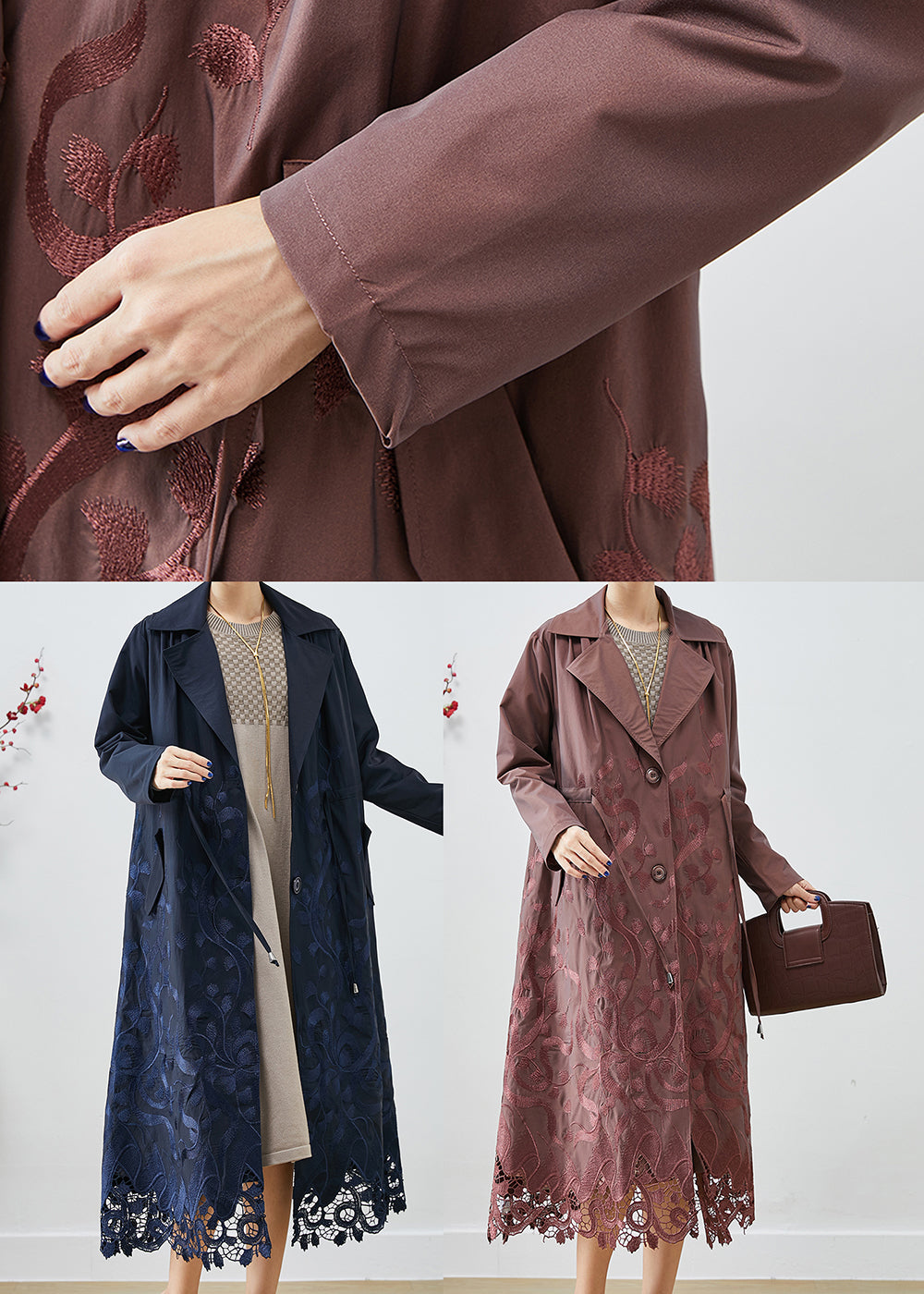 Bohemian Navy Embroideried Tie Waist Spandex Trench Coats Fall Ada Fashion