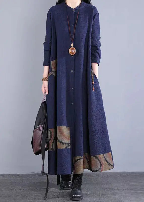 Bohemian Navy Stand Collar Patchwork Cotton Long Dress Fall Ada Fashion