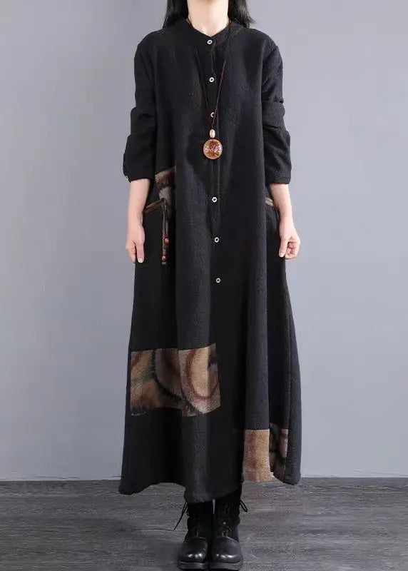 Bohemian Navy Stand Collar Patchwork Cotton Long Dress Fall Ada Fashion