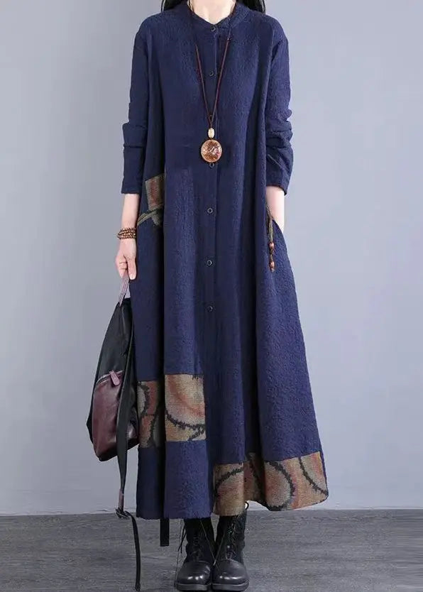 Bohemian Navy Stand Collar Patchwork Cotton Long Dress Fall Ada Fashion