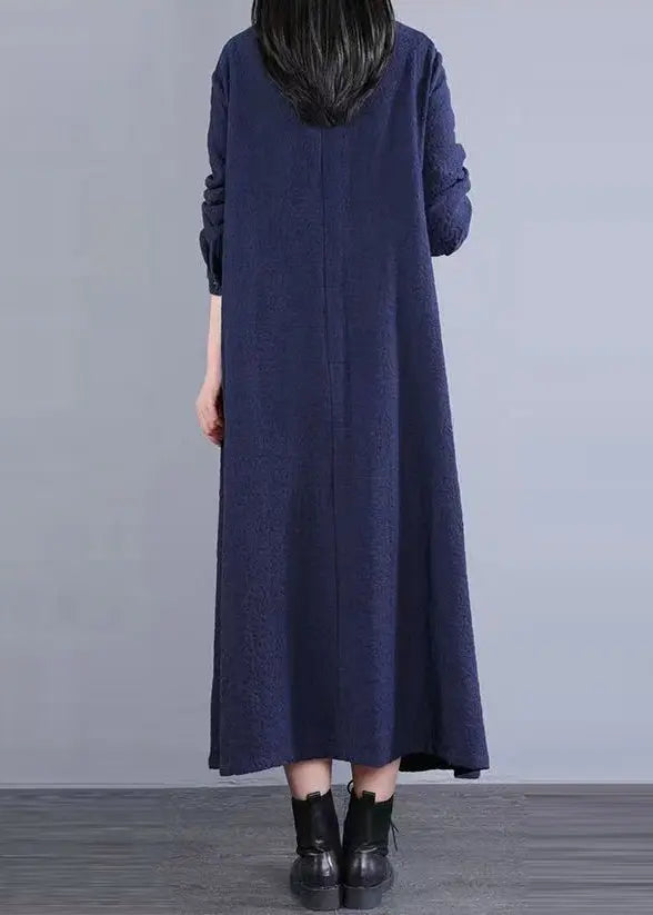 Bohemian Navy Stand Collar Patchwork Cotton Long Dress Fall Ada Fashion