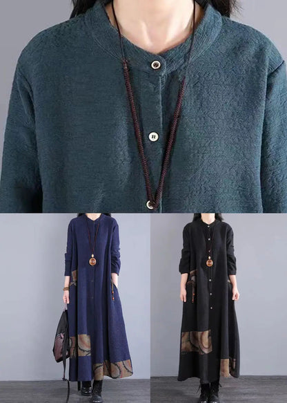 Bohemian Navy Stand Collar Patchwork Cotton Long Dress Fall Ada Fashion