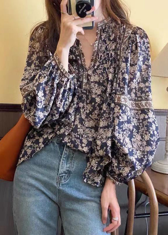 Bohemian Navy V Neck Print Chiffon Shirt Top Lantern Sleeve LY2618 - fabuloryshop