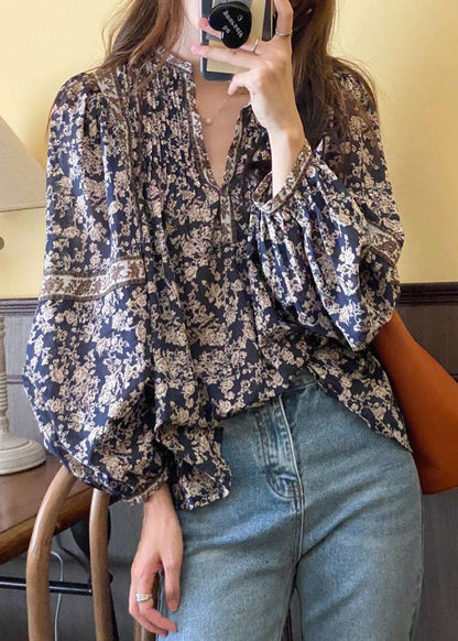 Bohemian Navy V Neck Print Chiffon Shirt Top Lantern Sleeve LY2618 - fabuloryshop