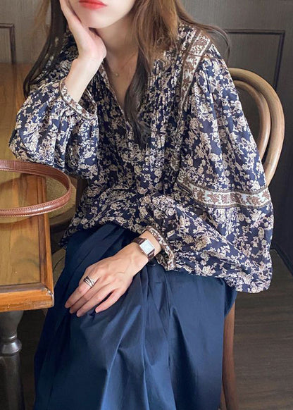 Bohemian Navy V Neck Print Chiffon Shirt Top Lantern Sleeve LY2618 - fabuloryshop