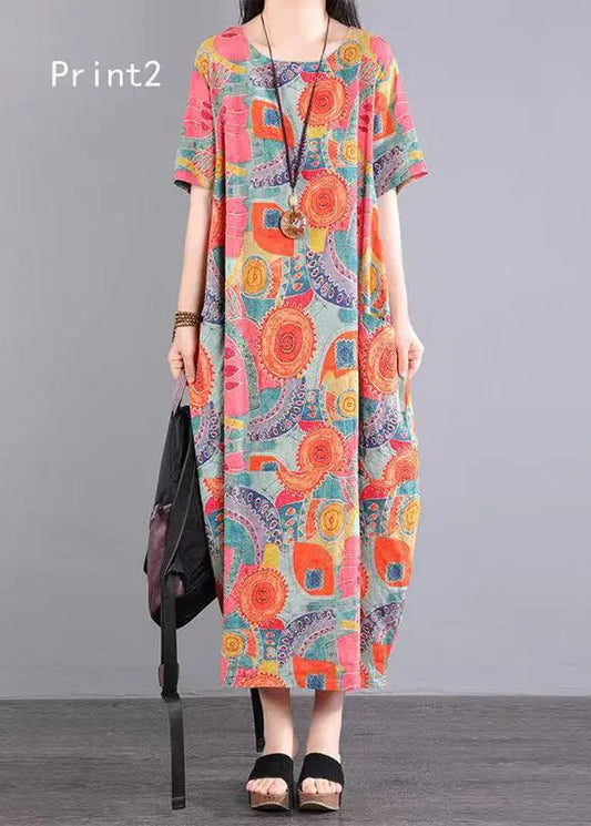 Bohemian O Neck Print Pockets Patchwork Cotton Dress Summer Ada Fashion