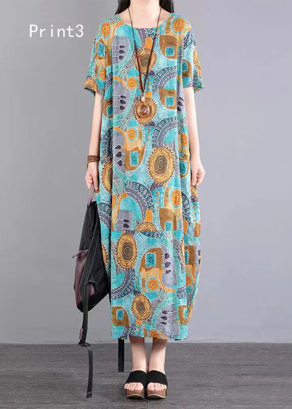 Bohemian O Neck Print Pockets Patchwork Cotton Dress Summer Ada Fashion