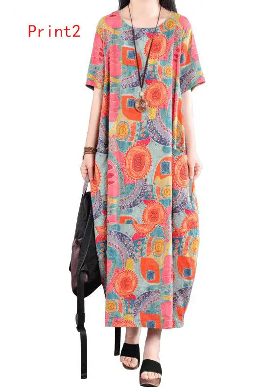 Bohemian O Neck Print Pockets Patchwork Cotton Dress Summer Ada Fashion