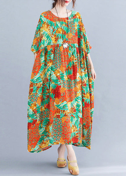 Bohemian Orange O-Neck Print Cozy Maxi Dresses Summer Ada Fashion