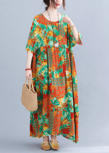 Bohemian Orange O-Neck Print Cozy Maxi Dresses Summer Ada Fashion