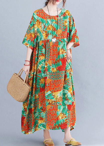 Bohemian Orange O-Neck Print Cozy Maxi Dresses Summer Ada Fashion