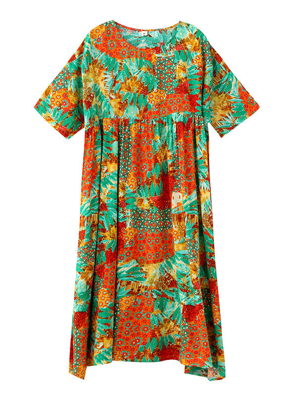 Bohemian Orange O-Neck Print Cozy Maxi Dresses Summer Ada Fashion