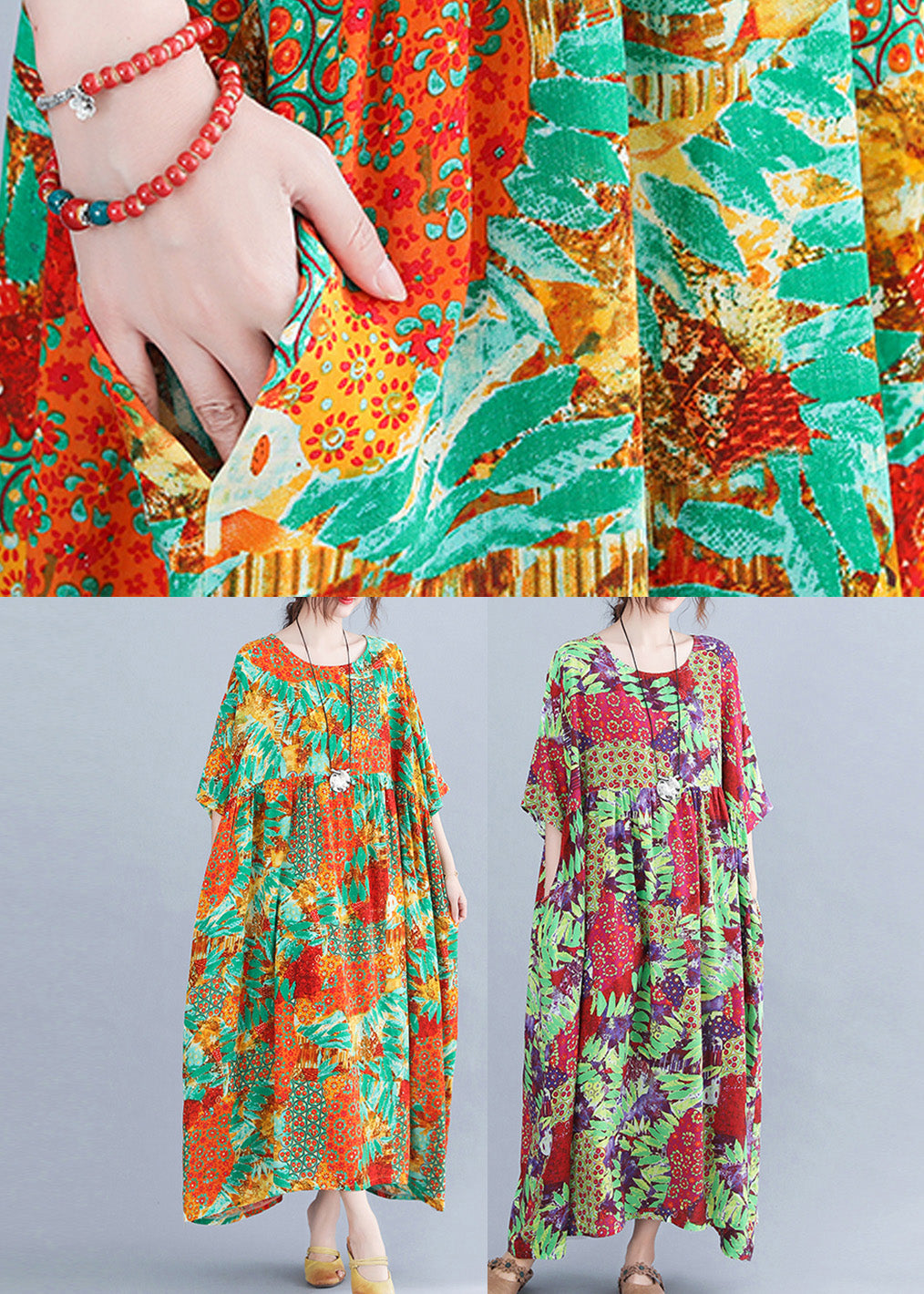 Bohemian Orange O-Neck Print Cozy Maxi Dresses Summer Ada Fashion